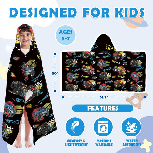 50" 30", Truck Hooded Towels for Kids - Truck Kids Hooded Bath Towels, Trucks Towel with Hood for Boys, Soft