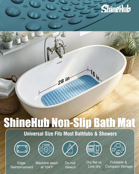 ShineHub 28 16 Inch 166 TPE Non-Slip Bathtub Mat, x Shower Mat with Suction Cups & Massage Nodes, Quick-Draining Bath
