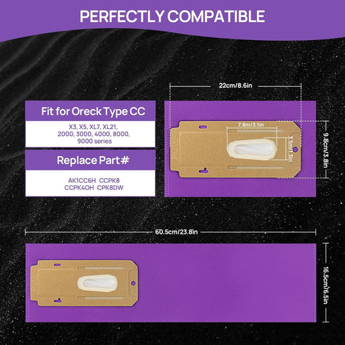 Type CC HEPA Upright Vacuum Cleaner Bags Replace Part AK1CC6H for Oreck Elevate Models, 12 Pack