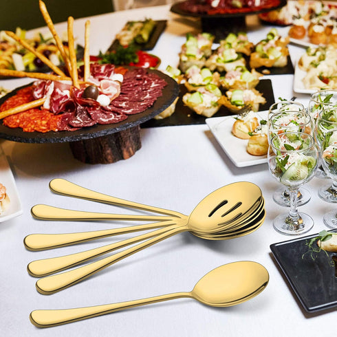 LIANYU 2 Gold Serving Spoons, 2 Gold Slotted Spoons, 2 Gold Forks, 8 3/4 Inch Set for Catering