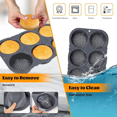 Hamburger Bun Pan Non-Stick Silicone Baking Mold, 4-in Cups, 6-Cavity Perforated - Includes Basting Brush