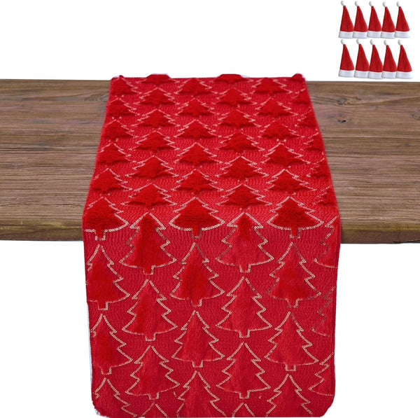 SHUNJIE Red Farmhouse Soft Faux Fur Table Runner with Sequined Christmas Trees