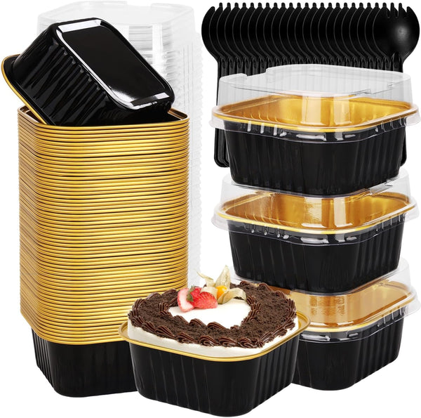 selizo 60 Pack 5oz Mini Disposable Cake Pans with Lids, Aluminum Foil Square Baking Cups, Black