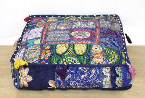 16x16x5 inches, CRAFT KALA Indian Square Patchwork Traditional Pouf Cover Indian Living Room Poufs Decorative