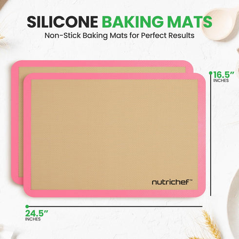 Nutrichef Silicone Baking Mats - 2 Non-stick Food-Grade Silicone Mats - Perfect for Full Baking Pans 24.4 x 16.5 IN - Oven-safe Up to 480 Degrees F - Suitable for Ovens, Freezers, & Dishwashers - Pink by NutriChef