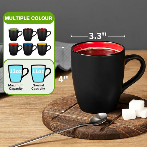 6 Pack Set, 12 Qipecedm Porcelain Coffee Mugs Ounces Ceramic Coffee Mugs, Matte Black Coffee Mug, Restaurant Cups