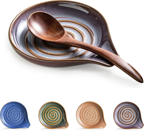 Ceramic Spoon Rest - Deep Drip Tray Holder for Stove Top Utensils, Cooking Spoon Holder with Handle, Purple