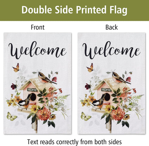 Welcome Floral Bird Garden Flag, 12x18 Inch Double Sided for Outdoor Yard Home Decoration