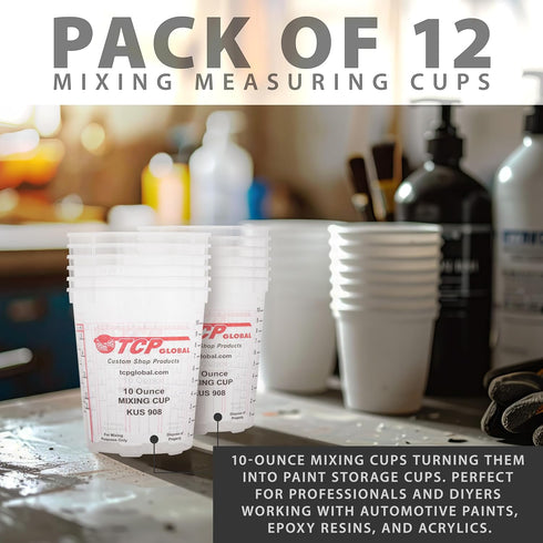 Custom Shop Paint Mixing Cups 10-Ounce (12 Pack) - Plastic Measuring Cups for Liquids, Automotive Painting, Epoxy