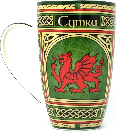 Clara Craft Wales Porcelain Coffee Mug - Welsh Red Dragon Porcelain Cup with Irish Celtic Knots Design, Made of New