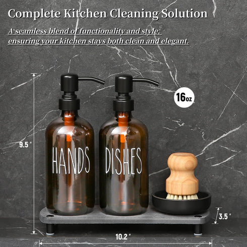 Set MOMEEMO Amber Glass Soap Dispenser Comes with Stainless Steel Pumps, Instant Dry Tray, and Dish Scrub Brush