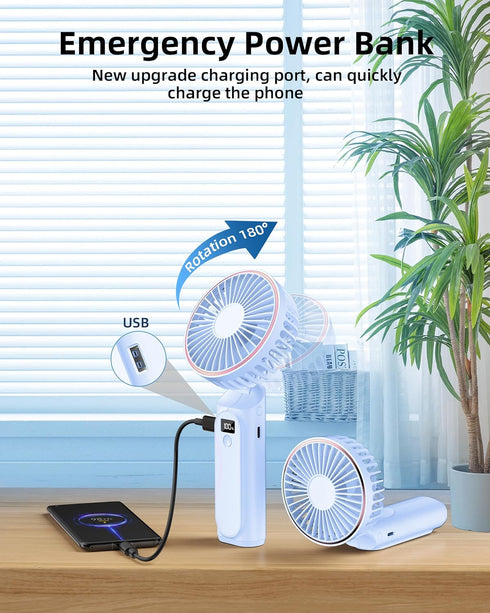 TUNISE Portable Handheld Fan, Rechargeable 4000mAh, 180° Adjustable, 6 Speed Wind, USB Foldable Fan, Quiet Personal Fan
