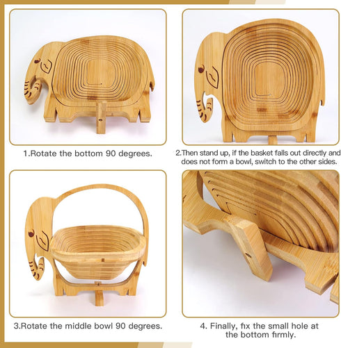 MYOSOTIS Foldable Fruit Basket, Collapsible Bamboo Fruit and Veggie Basket for Christmas Holiday Party (Elephant)