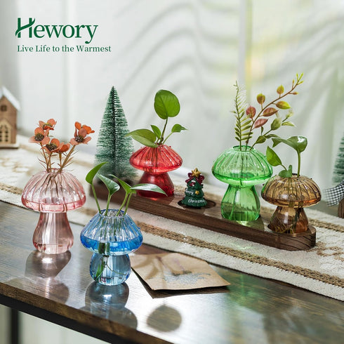 Set 5 Glass Propagation Station for Plant: Mushroom Planter with Wooden Stand for Home Office Decor - Unique