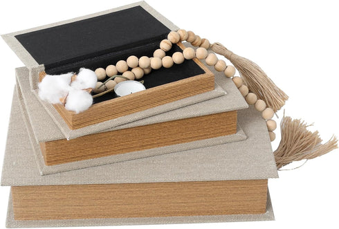 Modern Linen and Wood Decorative Faux Book Boxes Set of 3 - 13", 10", 8" - Beige