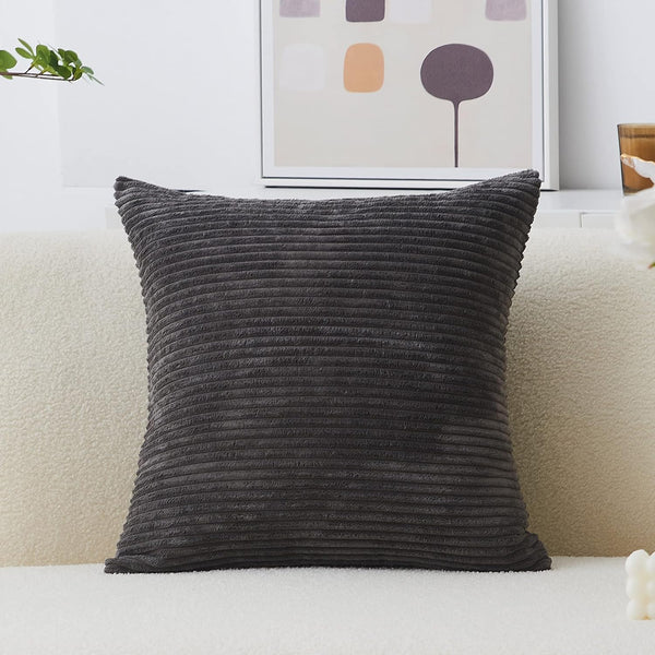 Home Brilliant 24x24 Decorative Pillow Cover | Striped Corduroy Soft Velvet Euro Sham Cushion Cover, Dark Grey