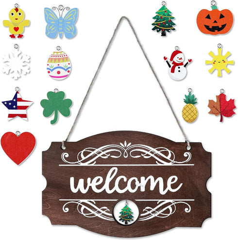 Jetec Interchangeable Seasonal Welcome Sign, Rustic Wood Wall Hanging Outdoor Decor for Holidays (Brown)