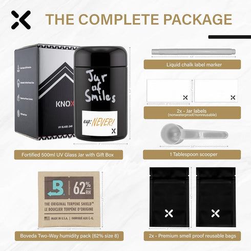X KNOX Smell Proof Glass Storage Jar, 500ml (1oz), Fortify UV Herb/Spice Jar with Airtight Lid Glass Container, Includes Boveda 62% Humidity Pack and Accessories