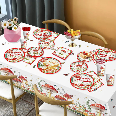 185Pcs Set, 25 cocomigo Mushroom Birthday Decorations Tableware Mushroom Birthday Decorations with Plates Napkins Cups