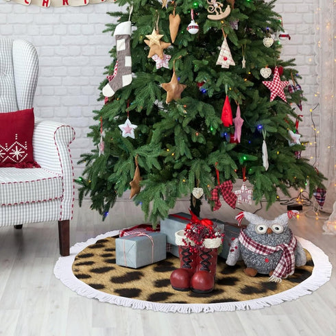 Christmas Tree Skirt 48" Inch Leopard Animal Print Xmas Tree Skirt Mat with White Tassel for Holiday Decorations