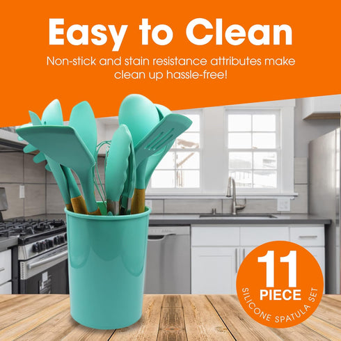 Cheer Collection 12-Piece Silicone Spatula Set with Wooden Handles, Non-Stick Cooking Utensils, Aqua Color