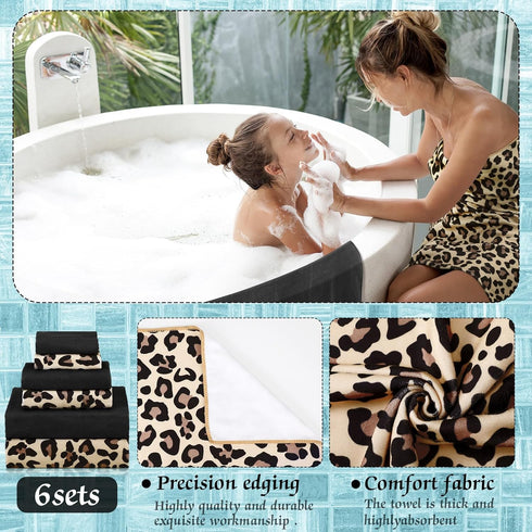6 Set 2 2 2 Pcs Bathroom Leopard Towel Bath Towels Hand Towels Washcloths, Soft Absorbent Shower Guest Towel Decorative