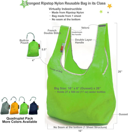 Ripstop Nylon Reusable Grocery Bag, Shopping Bag RBS041 (Gray-Orange-Green-Navy)