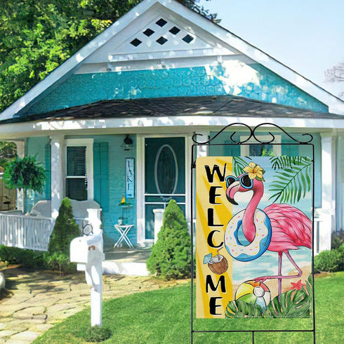 Welcome Summer Flamingo 28 x 40 House Flag, Double Sided; Beach Coastal Swim Ring Tropical Palm Leaves Garden Yard