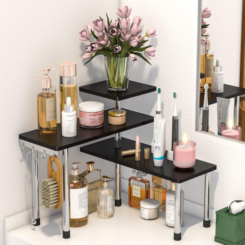ZHWS Bathroom Counter Organizer Corner Shelf, Bamboo 3 Tier Makeup Organizer, Space Saving Rack for Kitchen, Office