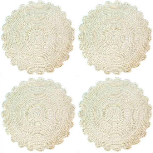 kilofly Handmade Crochet Round Cotton Lace Table Placemats Doilies Value Pack, 4 Medallion, 17 Inch, Beige