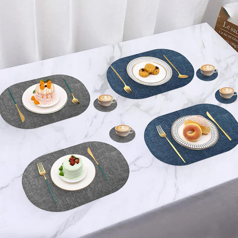 yuuzue Set 6 Faux Leather Placemats of with Matching Coasters, Dual Sided Oval Placemats, Waterproof Wipeable Heat