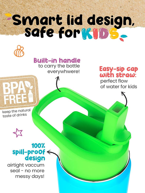 Kids Water Bottle 12oz Purple - Leak Proof with Straw & Handle, Insulated Double Wall Stainless Steel, Easy Sip Toddler
