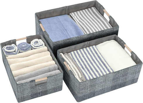 Collapsible Fabric Storage Bin Box - Cotton Linen Storage Cube with Wooden Handles, Medium Dark Gray Plaid Organizer