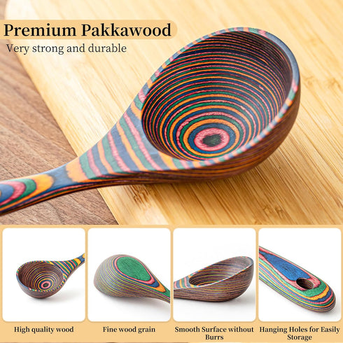 Gudamaye Pakkawood Rainbow Deep Soup Ladles, 10.6 inch Big Wooden Ladle for Cooking and Serving