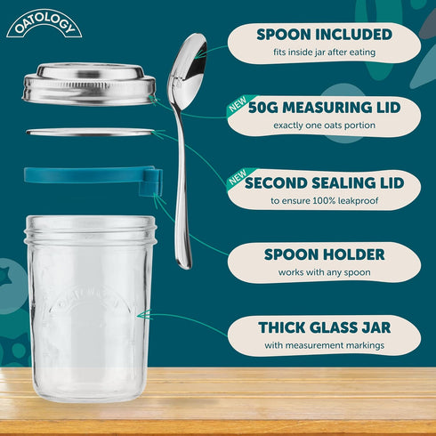 16oz Set 2 Pack Overnight Oats Containers with Lids & Spoons - Stainless Steel Lid Leakproof Glass Jars for Chia