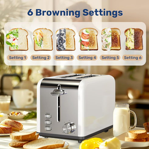 YSSOA Stainless Steel 2 Slice Toaster, Extra Wide Slot with 6 Shade Settings and Bagel/Defrost/Cancel Functions, White