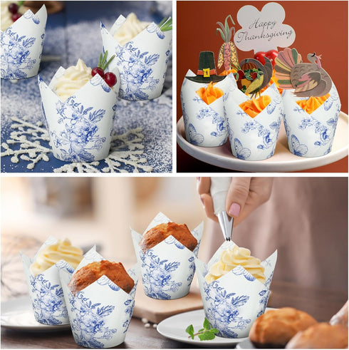 Gerrii 200 Pcs Chinoiserie Blue White Flower Cupcake Liners | Mini Baking Cups for Decoration
