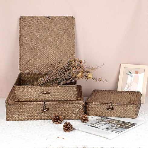 Hipiwe Flat Wicker Basket Bins with Lid - Set of 3 Handwoven Seagrass Storage Baskets, Multipurpose Home Organizer Bins
