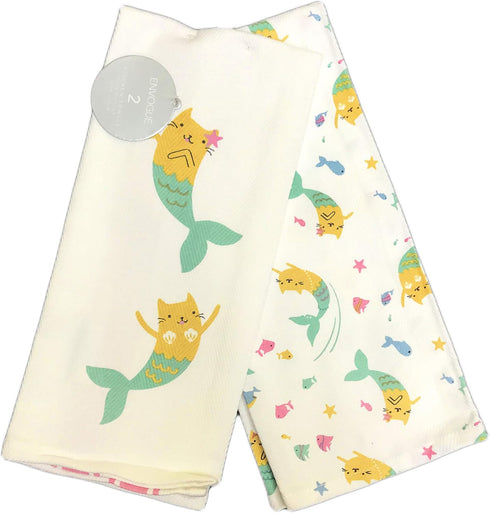 ENVOGUE Cute Mercats Cat Mermaids Swimming with Fish, Set of Two Decorative Novelty Kitchen Hand Towels