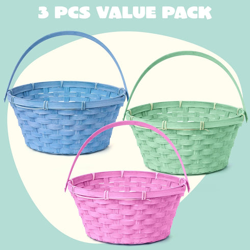 3 Decorations,10.25"X11"(Blue, JOYIN Pcs Easter Bamboo Baskets, Round Woven Goodie Basket with Handle, Empty Candy Toys