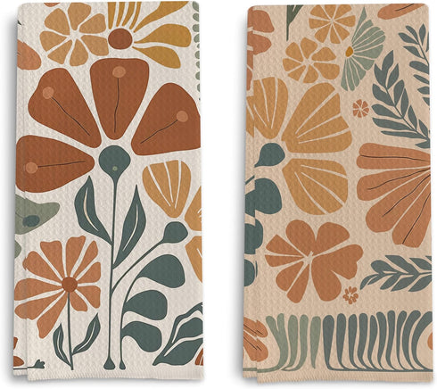 Abstract Boho Floral Kitchen Towels Set of 2, 70s Retro Groovy Dish