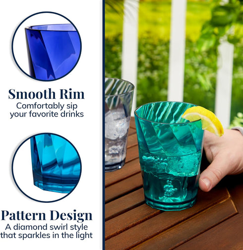 US Acrylic Optix 14oz Reusable Drinking Glasses (Set of 8) in Coastal Colors | BPA-Free Tumblers, Made in USA |