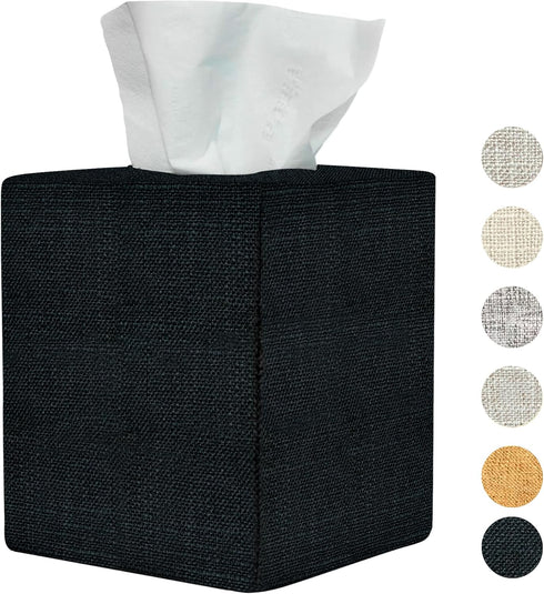 Black Tissue Box Cover, Decorative Linen Fabric Square Holder for Bathroom Vanity, Office, Nightstand