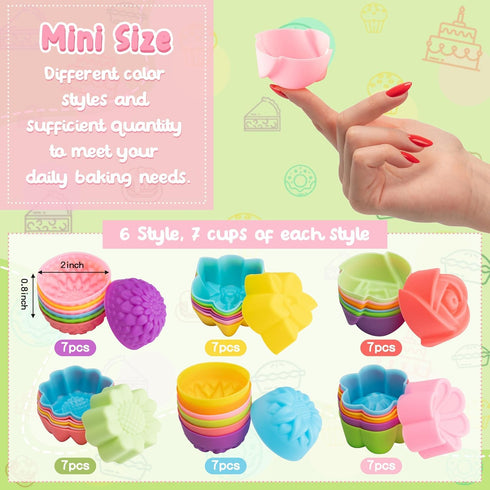 R HORSE 42Pcs Mini Silicone Molds - 2 x 0.8 inch Cupcake Multi Flower Shapes Baking Cups