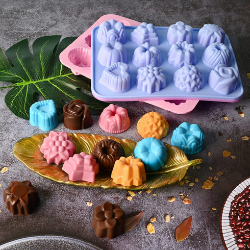 Sakolla 3 Pack Chocolate Flowers Silicone Molds, 12 Cavity Heart Shape Candy Cake Molds for Baking, Cupcake
