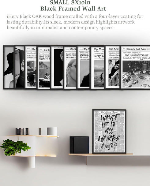 8x10in 1Pack iHery Small Natural Black OAK Wood Trendy Newspaper Framed Wall Art, Modern Sorry Out of Office Canvas