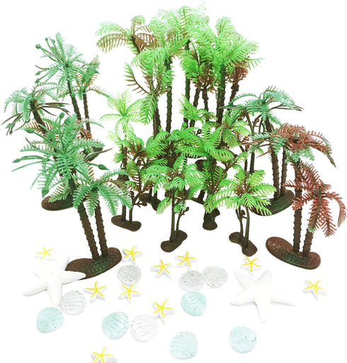 Allazone 42 PCS Coconut Palm Tree Set, 20 PCS Mini Plastic Palm Trees, 22 PCS Shell and Starfish for Cake Decorations