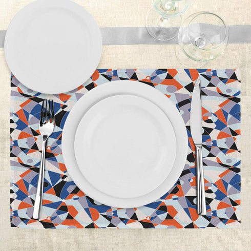 Ambesonne Set of 4 Mid Century Place Mats, Mosaic of Various Shapes and Colors, Washable Fabric, Blue Orange