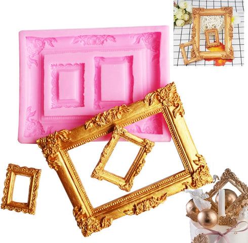 3 Pieces Pink Silicone Picture Frames Mold for Cake Decorating, Sugar Gum Paste, Chocolate Cookies, Resin