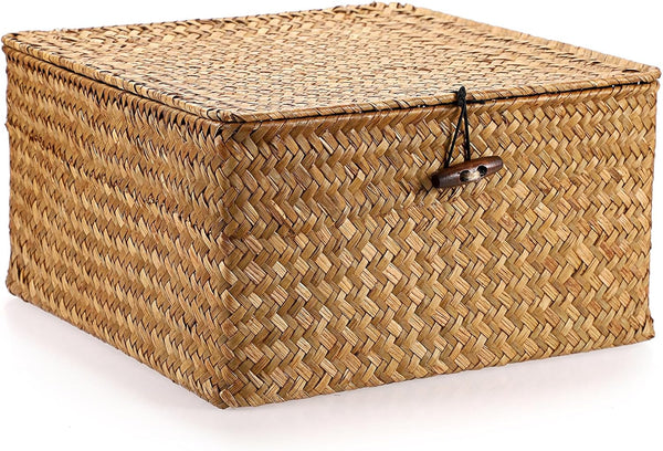 Hipiwe Handwoven Seagrass Basket Bin Square Household Storage Container with Lid Wicker Shelf